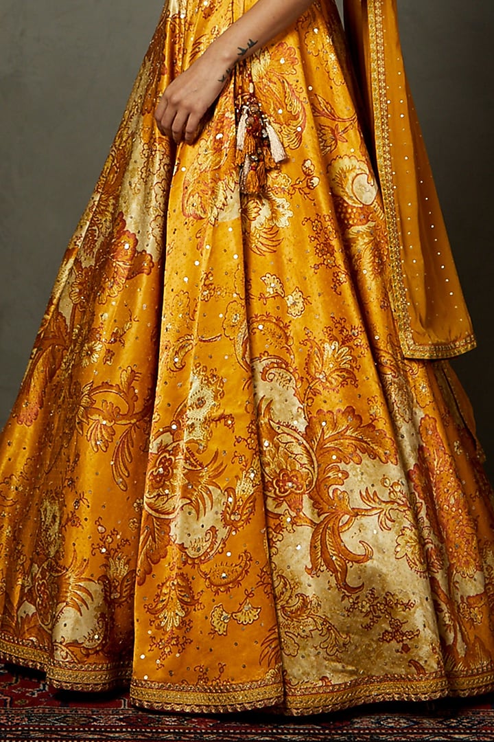 Yellow Ochre Viscose Printed & Embroidered Wedding Lehenga Set by Ri Ritu Kumar at Pernia's Pop Up Shop