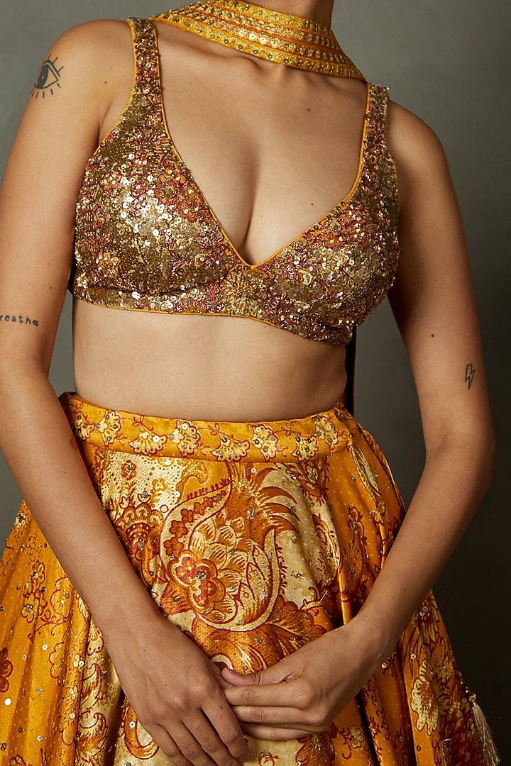Yellow Ochre Viscose Printed & Embroidered Wedding Lehenga Set by Ri Ritu Kumar at Pernia's Pop Up Shop