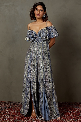 Label Ritu Kumar Powder Blue Off Shoulder Maxi Dress for Women