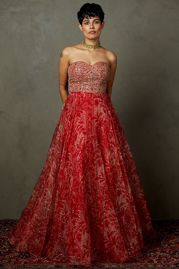 Red Silk & Viscose Printed & Embroidered Off-Shoulder Dress by Ri Ritu Kumar
