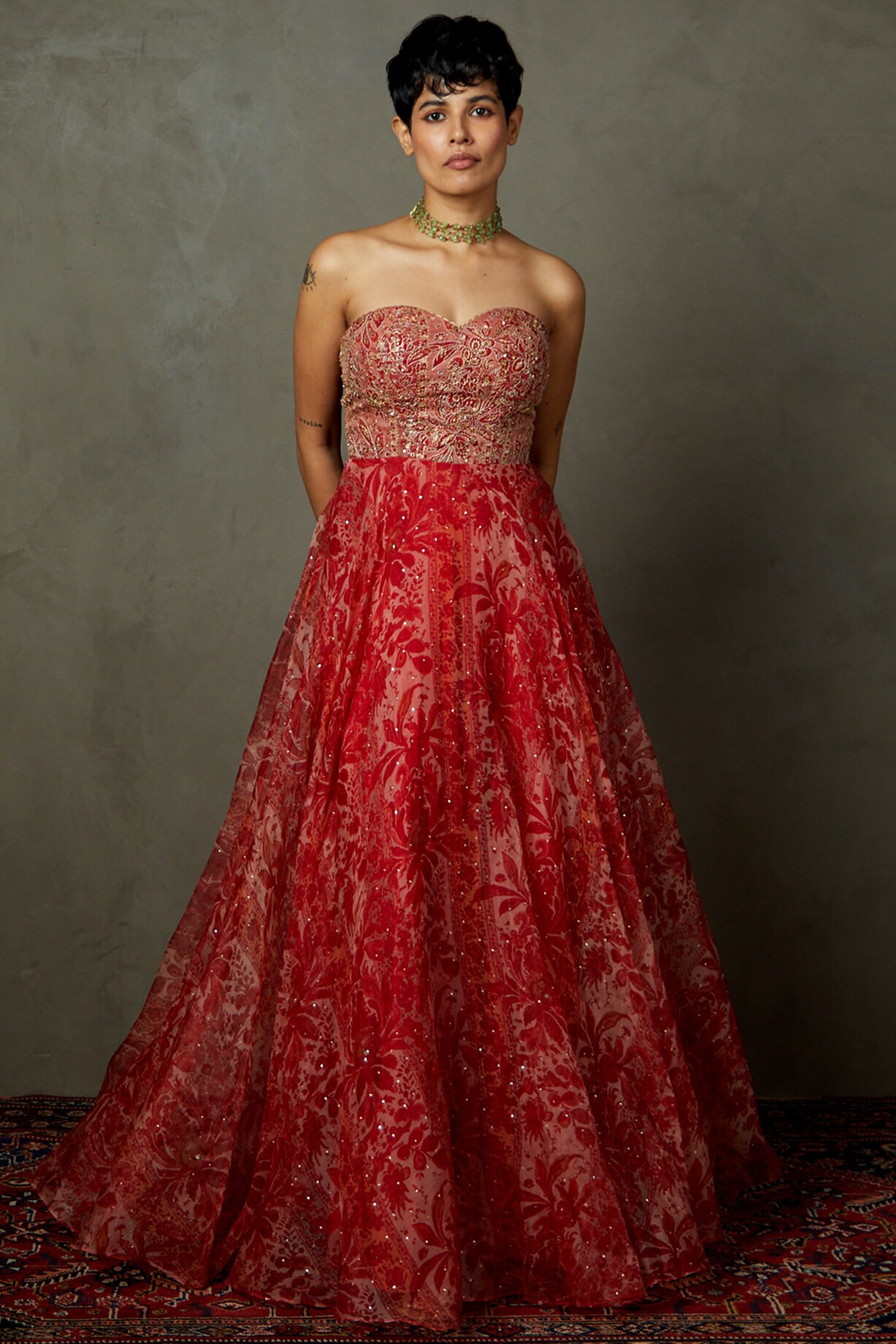 Red Silk & Viscose Printed & Embroidered Off-Shoulder Dress by Ri Ritu Kumar  at Pernia's Pop Up Shop 2026