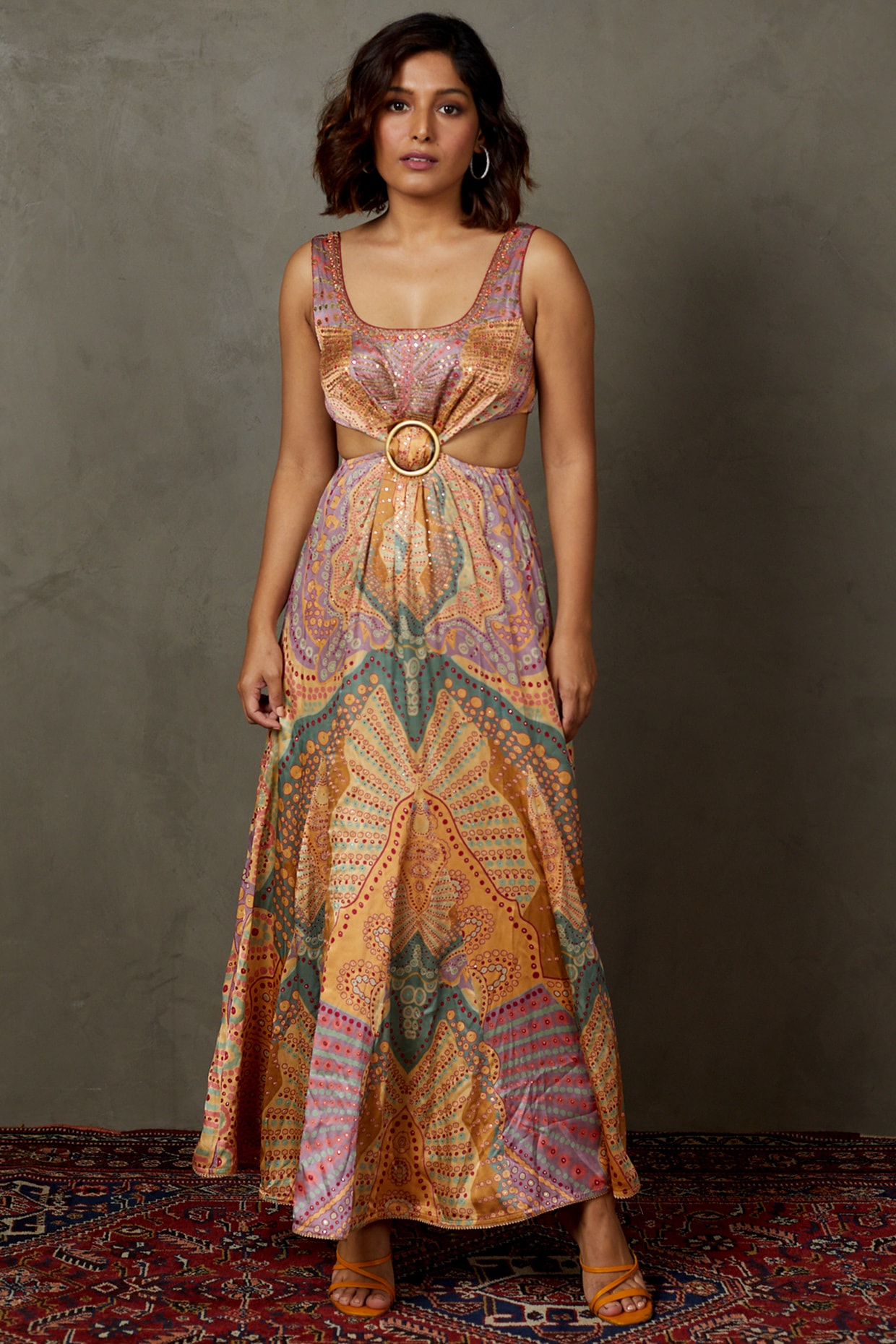 Mauve Multi Colored Silk Satin Printed Embroidered Dress by Ri Ritu Kumar at Pernia s Pop Up Shop 2024