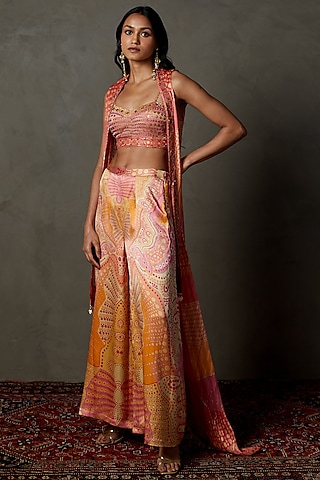 Coral & Amber Viscose Printed & Embroidered Cape Set by Ri Ritu Kumar