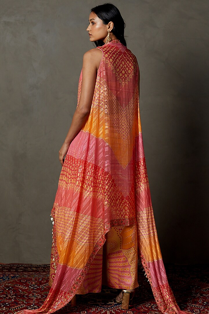 Coral & Amber Viscose Printed & Embroidered Cape Set by Ri Ritu Kumar at Pernia's Pop Up Shop