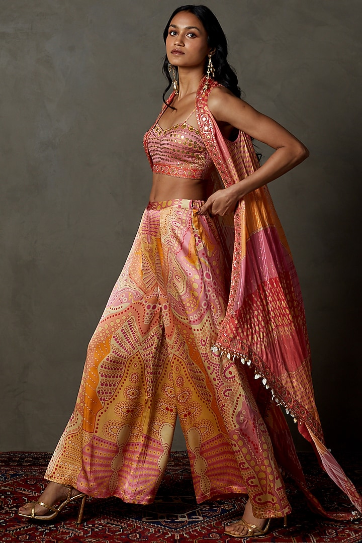 Coral & Amber Viscose Printed & Embroidered Cape Set by Ri Ritu Kumar at Pernia's Pop Up Shop
