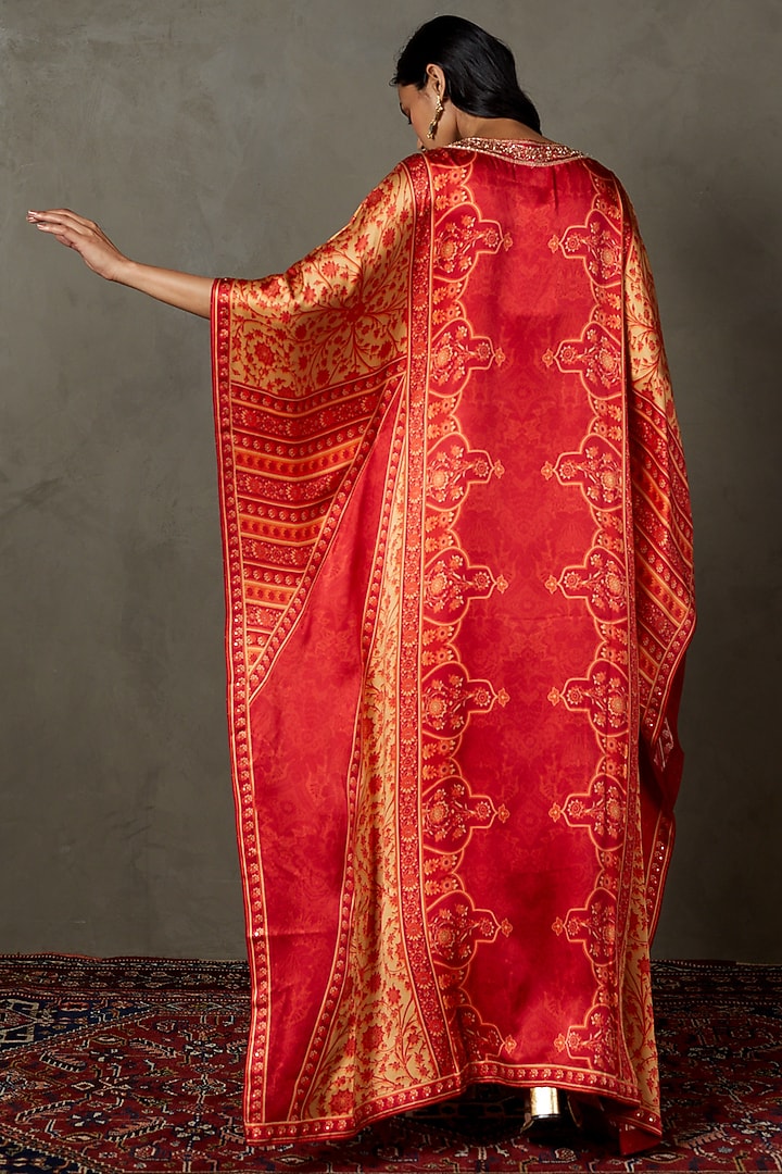 Red Silk & Satin Printed & Embroidered Kaftan by Ri Ritu Kumar at Pernia's Pop Up Shop