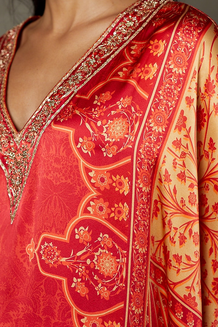 Red Silk & Satin Printed & Embroidered Kaftan by Ri Ritu Kumar at Pernia's Pop Up Shop