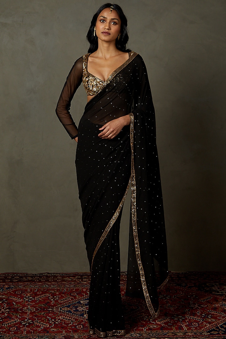Black Silk Embroidered Reception Saree Set by Ri Ritu Kumar at Pernia's Pop Up Shop