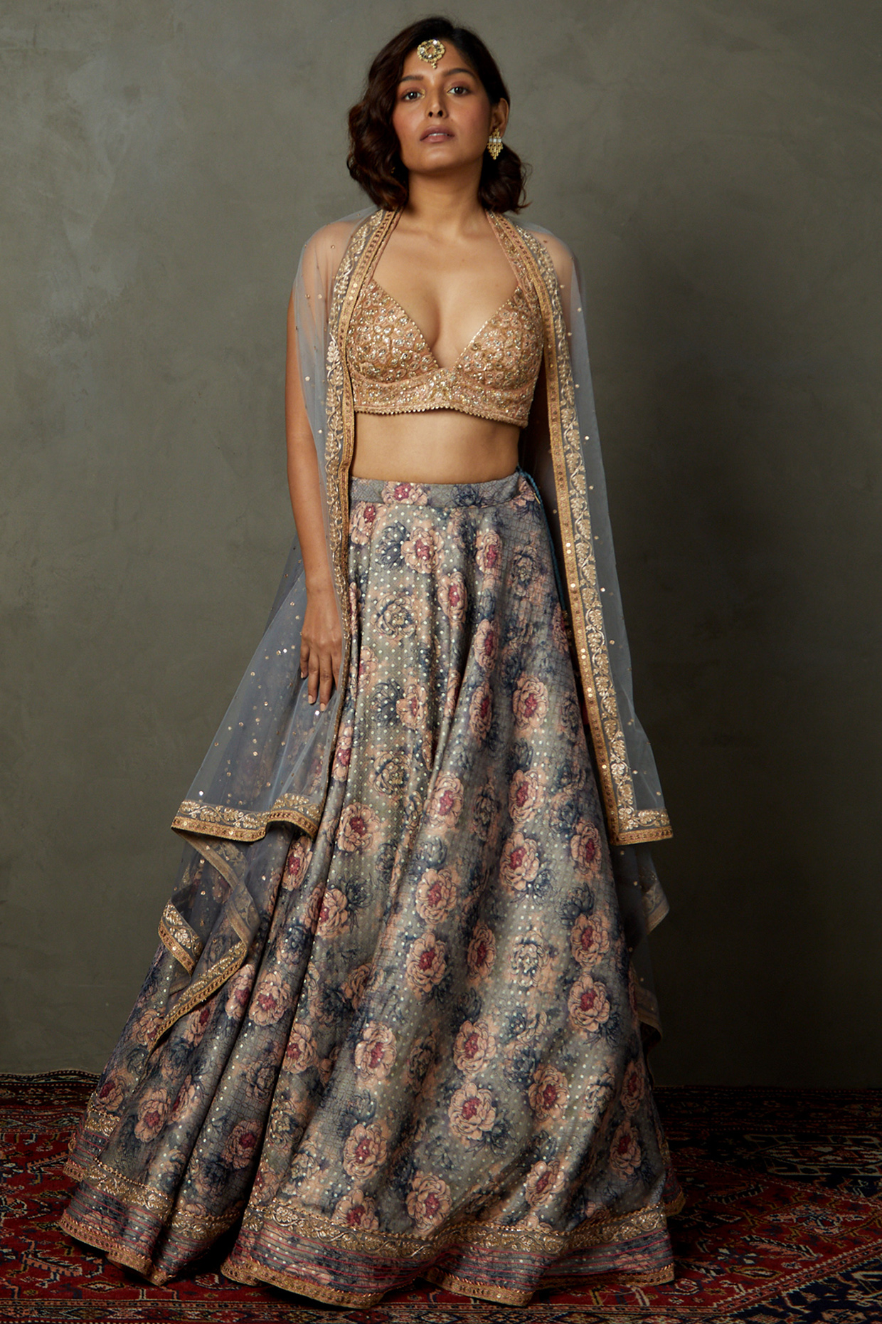 Grey Silk & Polyester Printed & Embroidered Bridal lehenga for 22 Lehenga Set by Ri Ritu Kumar at Pernia's Pop Up Shop