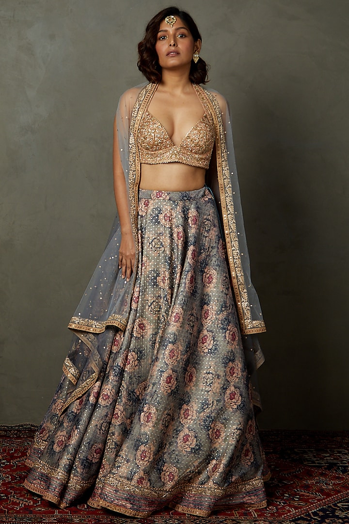 Grey Silk & Polyester Printed & Embroidered Bridal lehenga for 22 Lehenga Set by Ri Ritu Kumar at Pernia's Pop Up Shop