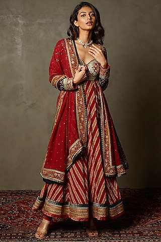 Burgundy & Black Viscose Embroidered Anarkali Set by Ri Ritu Kumar at ...