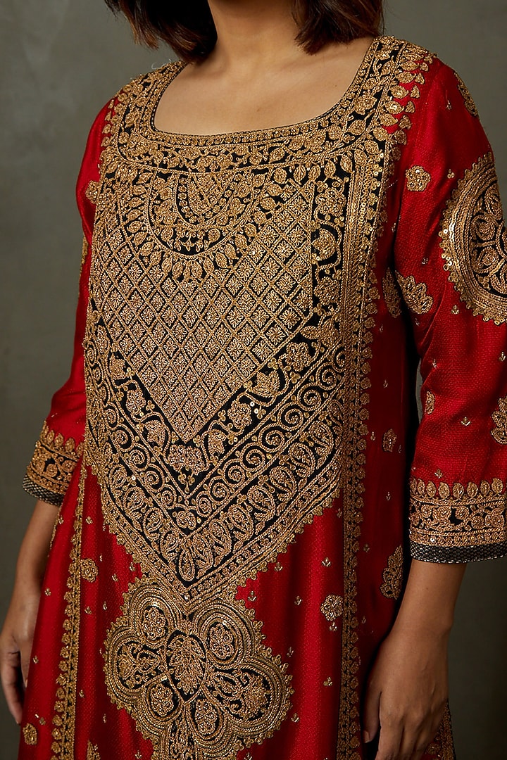 Red Silk Embroidered Kurta Set by Ri Ritu Kumar at Pernia's Pop Up Shop