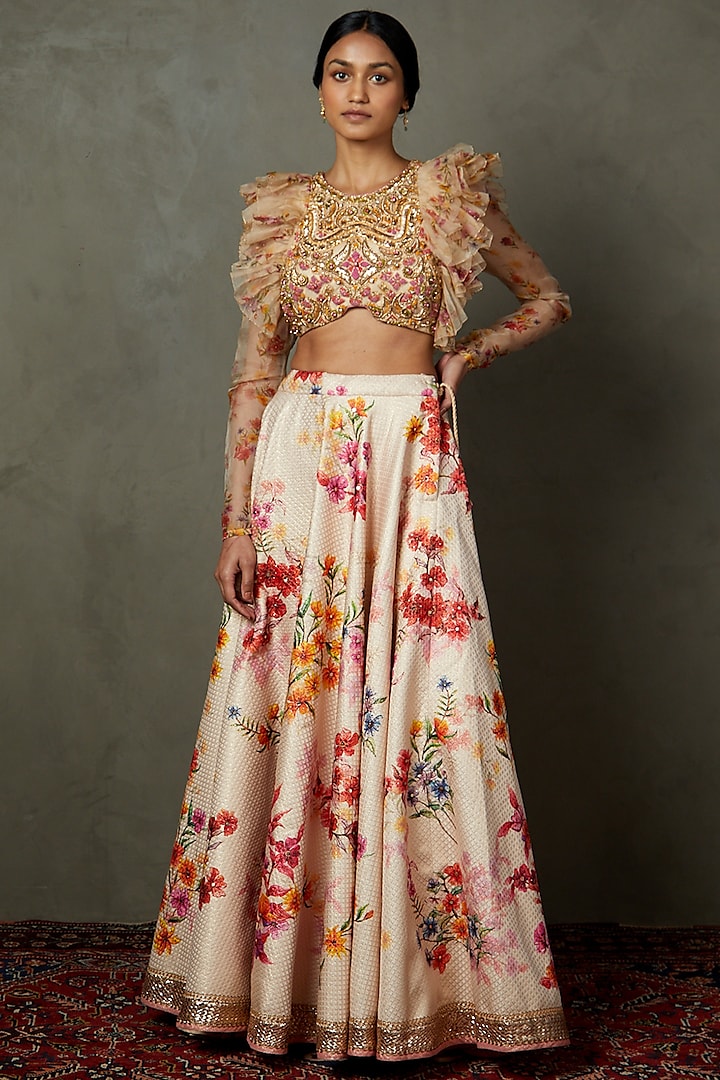 Off-White Silk & Viscose Floral Printed Skirt Set by Ri Ritu Kumar
