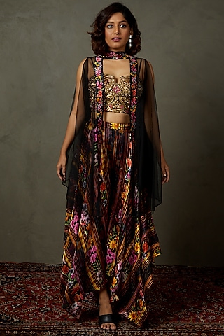 Black Polyester Cape Set by Ri Ritu Kumar