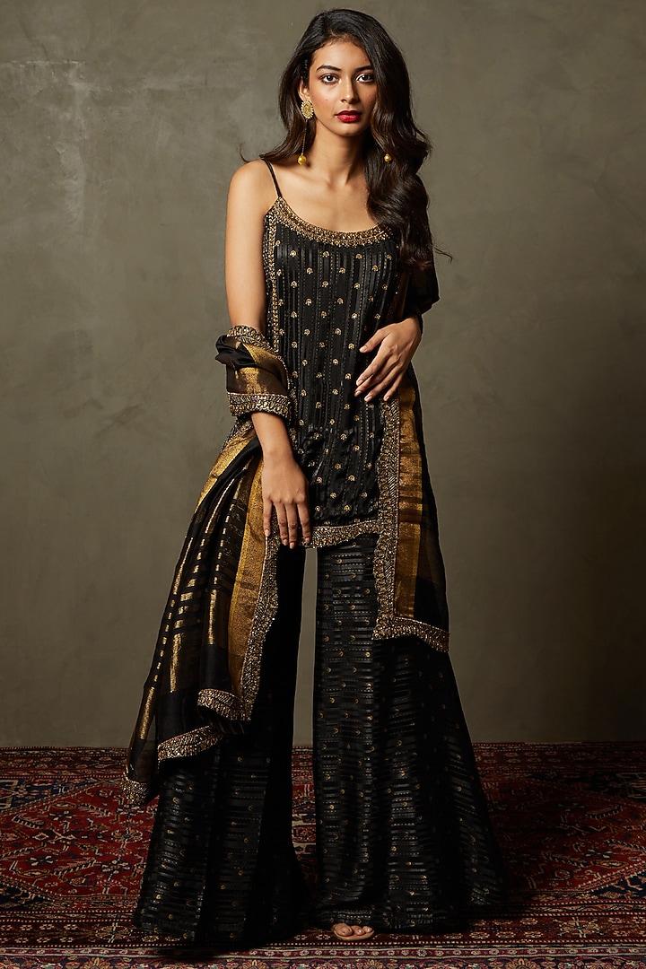 Black Viscose Embroidered Gharara Set by Ri Ritu Kumar at Pernia's Pop Up Shop