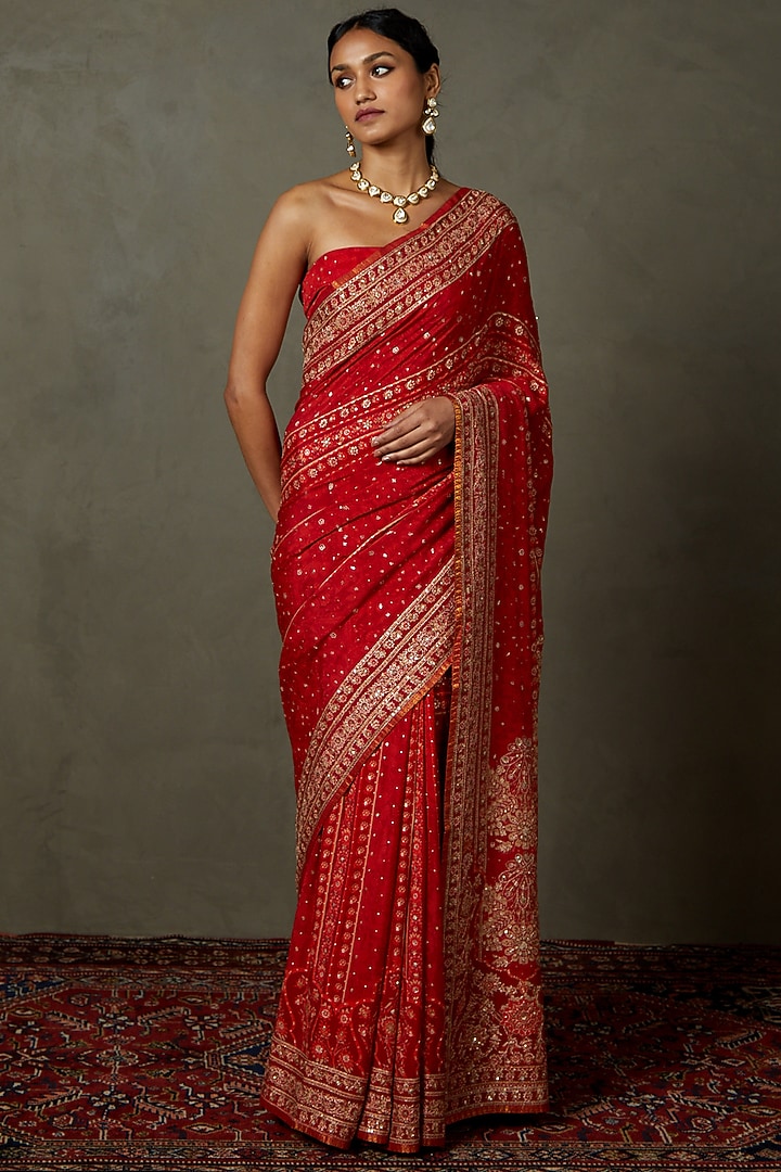 Red Silk Embroidered & Printed Bridal Saree Set by Ri Ritu Kumar at Pernia's Pop Up Shop