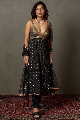 Black Silk & Viscose Embroidered Kurta Set by Ri Ritu Kumar