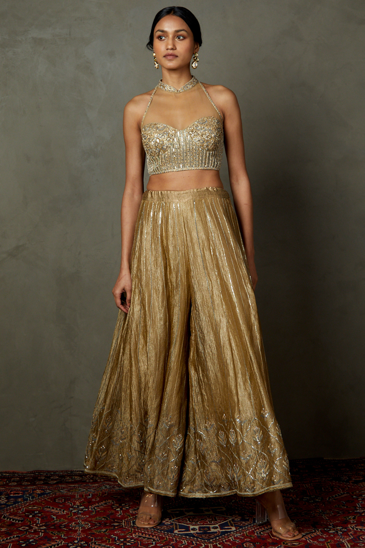 Gold Silk Embroidered Palazzo Pants Ser by Ri Ritu Kumar at Pernia's Pop Up Shop