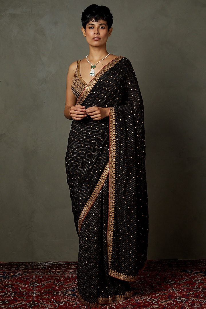 Black Silk Embroidered Saree Set by Ri Ritu Kumar