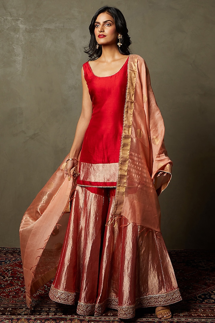 Red & Gold Silk Gharara Set by Ri Ritu Kumar