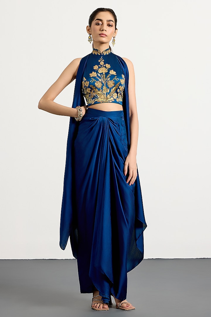 Royal Blue Viscose Floral Printed Wedding Lehenga Set by Ri Ritu Kumar at Pernia's Pop Up Shop