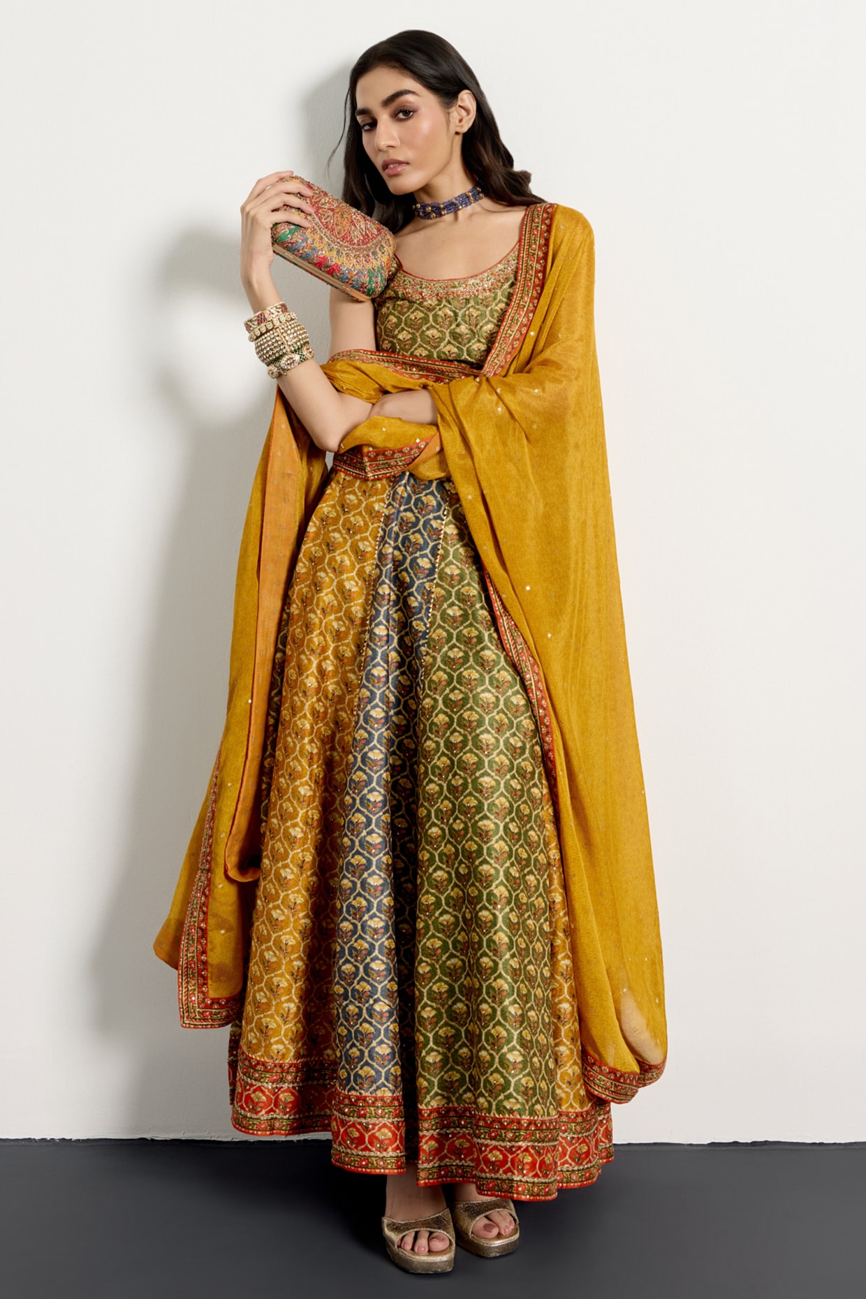 Ri Ritu Kumar Khaki & Mustard Silk Chanderi Kurta Set