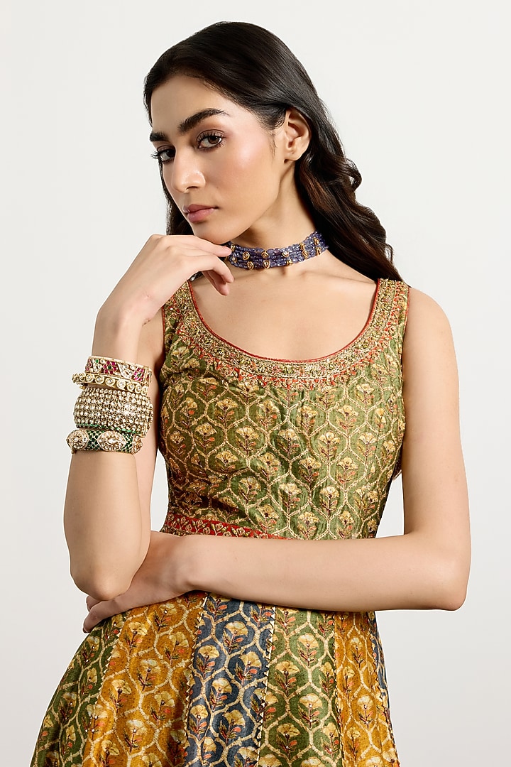 Khaki & Mustard Silk Chanderi Kurta Set by Ri Ritu Kumar at Pernia's Pop Up Shop