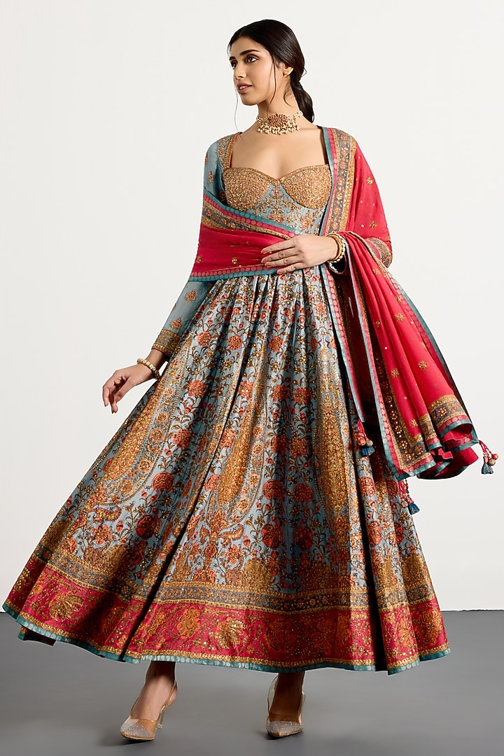 Blue Viscose & Satin Kurta Set by Ri Ritu Kumar at Pernia's Pop Up Shop