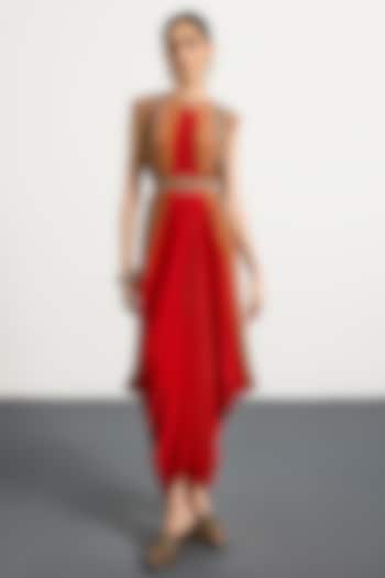 Red Rayon Crepe Cocktail Dress With Belt by Ri Ritu Kumar at Pernia's Pop Up Shop