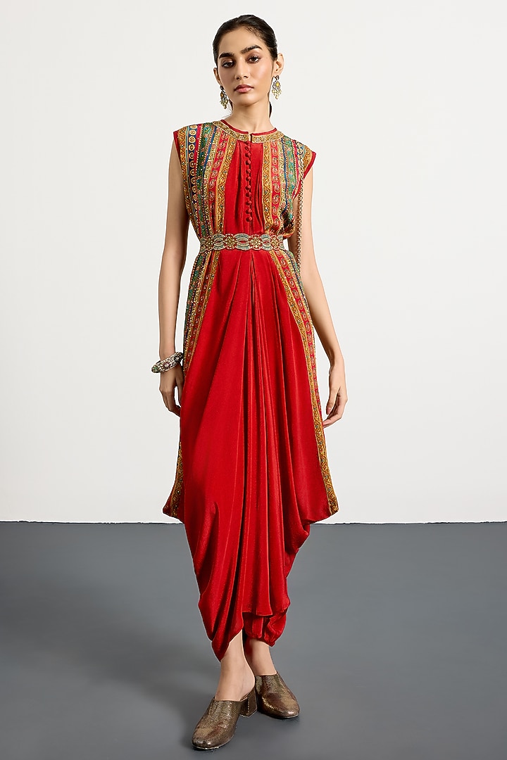 Red Rayon Crepe Cocktail Dress With Belt by Ri Ritu Kumar at Pernia's Pop Up Shop