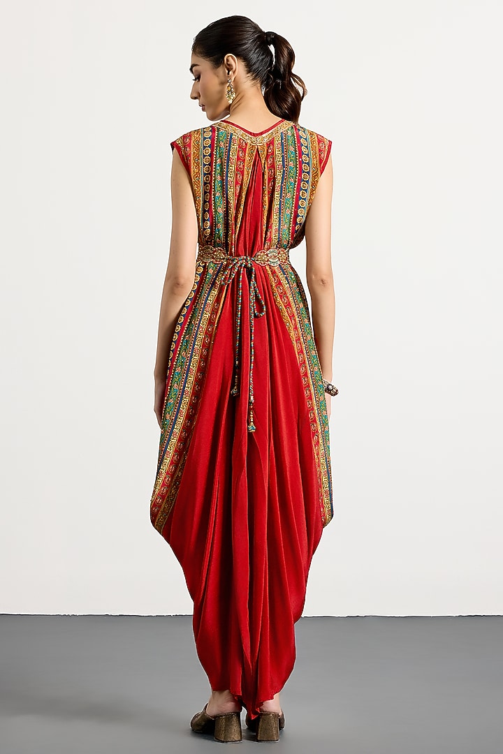 Red Rayon Crepe Cocktail Dress With Belt by Ri Ritu Kumar at Pernia's Pop Up Shop