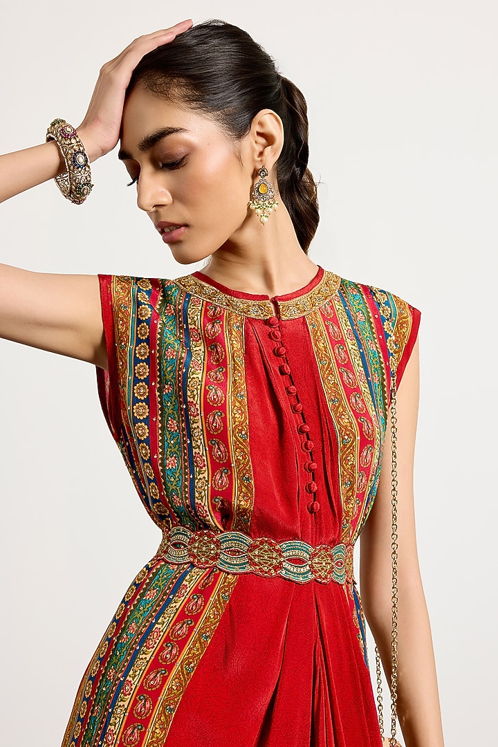 Red Rayon Crepe Cocktail Dress With Belt by Ri Ritu Kumar at Pernia's Pop Up Shop