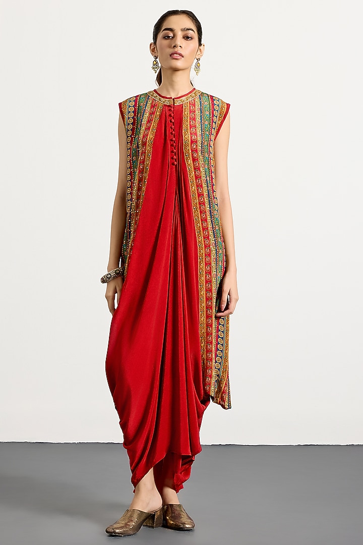 Red Rayon Crepe Cocktail Dress With Belt by Ri Ritu Kumar at Pernia's Pop Up Shop