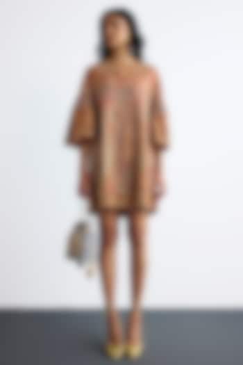 Red Dupion & Crepe Mini Party Wear Dress With Belt by Ri Ritu Kumar at Pernia's Pop Up Shop