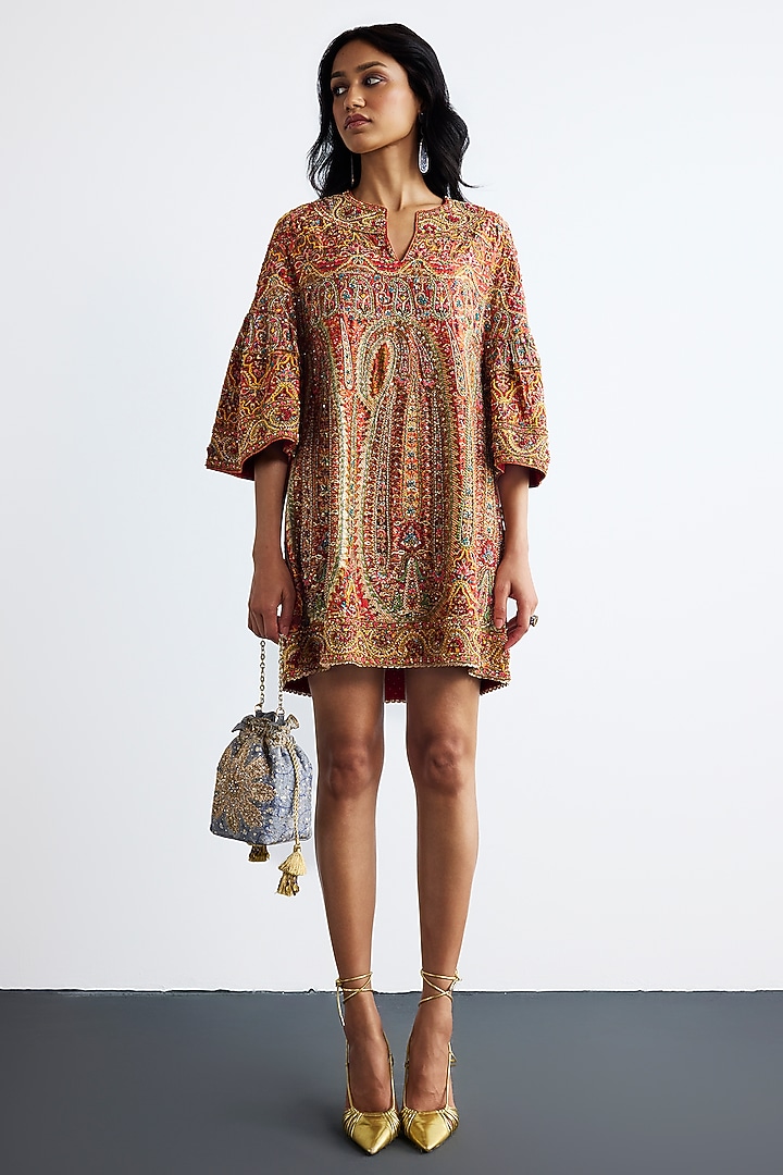 Red Dupion & Crepe Mini Party Wear Dress With Belt by Ri Ritu Kumar at Pernia's Pop Up Shop
