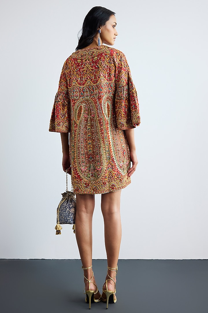 Red Dupion & Crepe Mini Party Wear Dress With Belt by Ri Ritu Kumar at Pernia's Pop Up Shop
