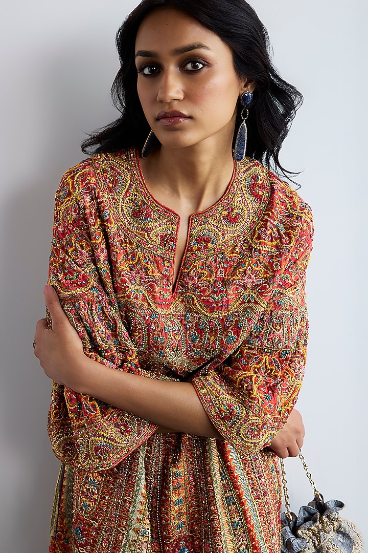 Red Dupion & Crepe Mini Party Wear Dress With Belt by Ri Ritu Kumar at Pernia's Pop Up Shop