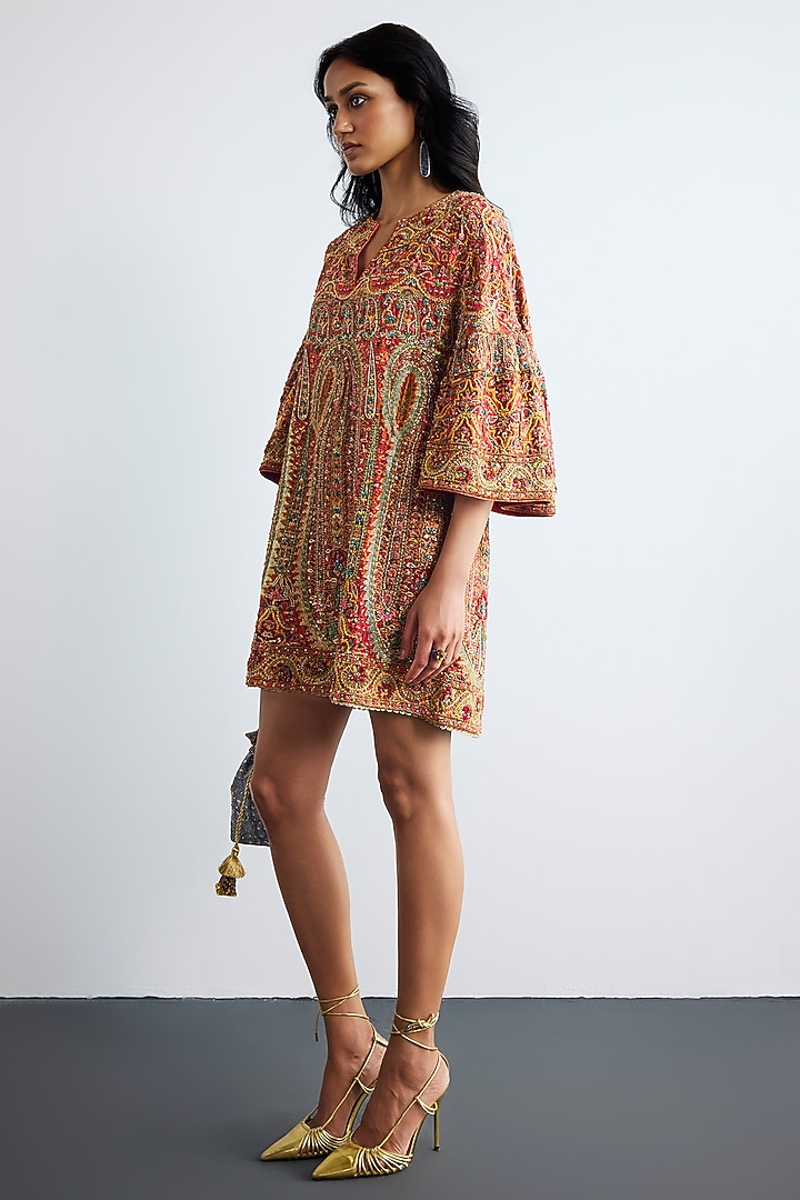 Red Dupion & Crepe Mini Party Wear Dress With Belt by Ri Ritu Kumar at Pernia's Pop Up Shop