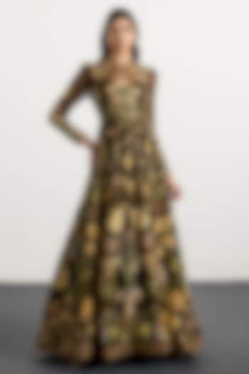 Dark Olive Green Dupion Floral Printed Party Wear Dress by Ri Ritu Kumar at Pernia's Pop Up Shop