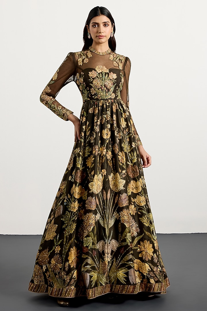Dark Olive Green Dupion Floral Printed Party Wear Dress by Ri Ritu Kumar at Pernia's Pop Up Shop