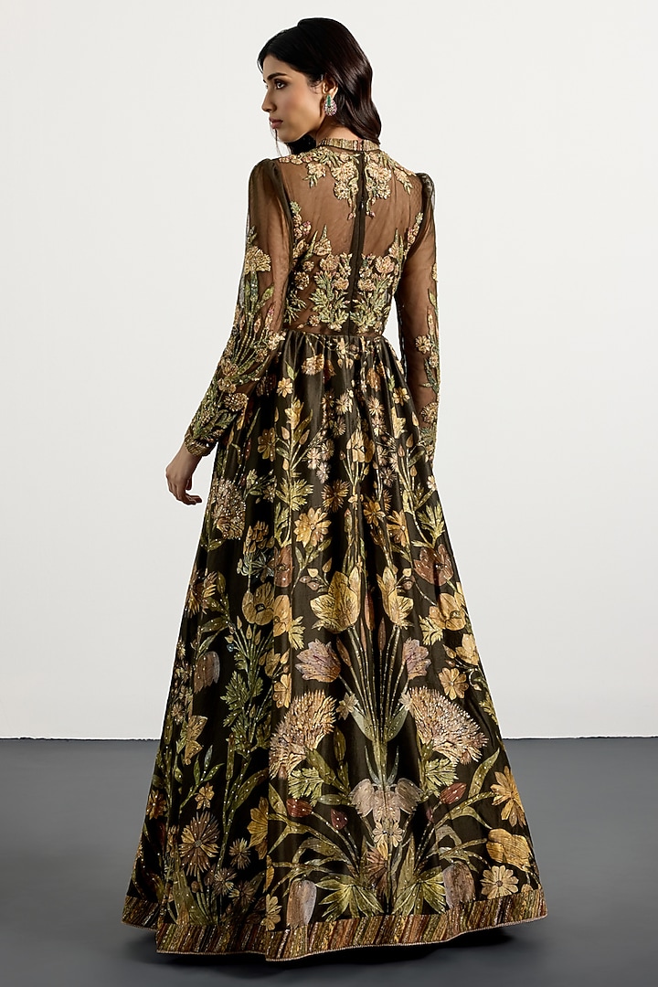 Dark Olive Green Dupion Floral Printed Party Wear Dress by Ri Ritu Kumar at Pernia's Pop Up Shop