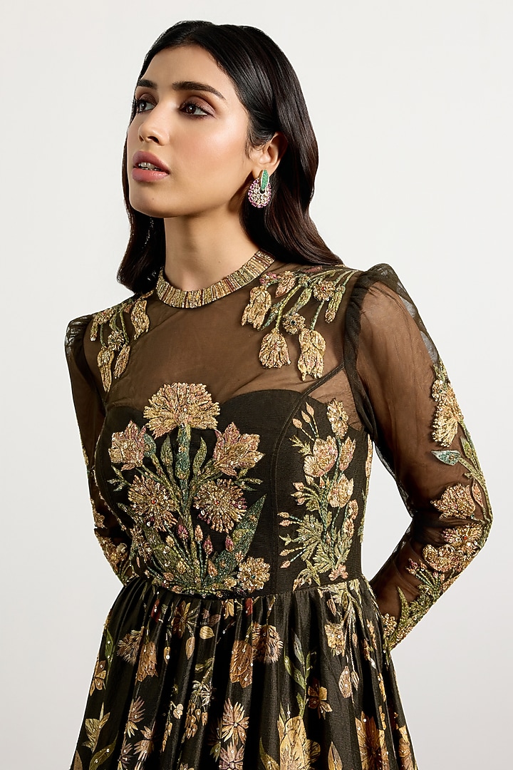 Dark Olive Green Dupion Floral Printed Party Wear Dress by Ri Ritu Kumar at Pernia's Pop Up Shop