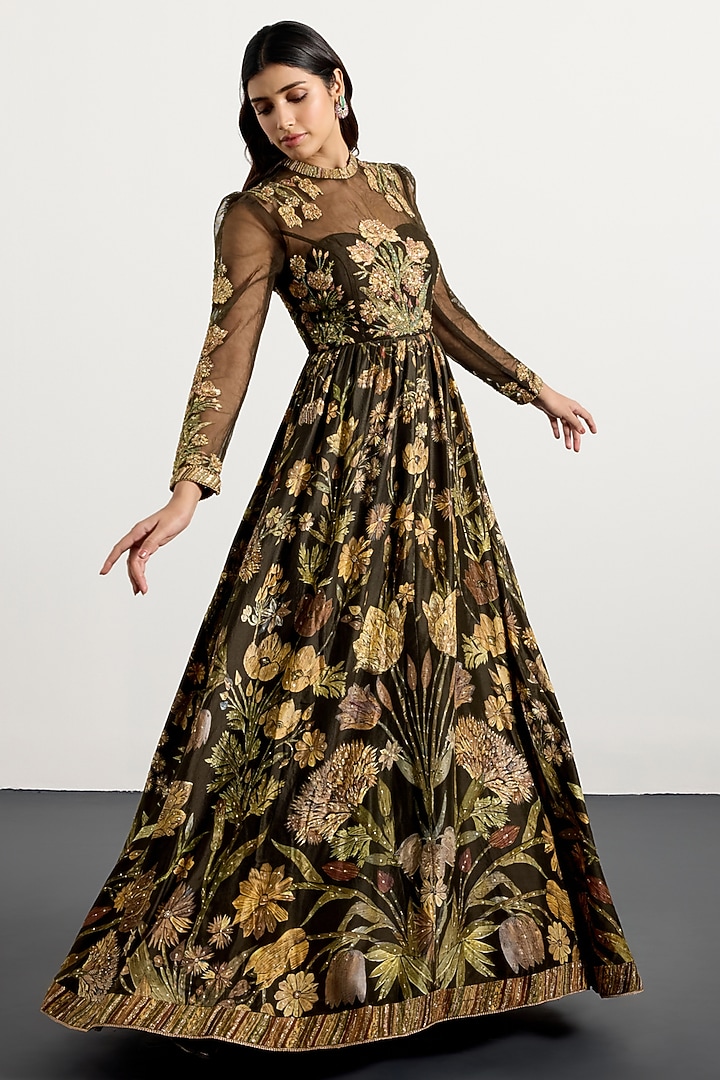 Dark Olive Green Dupion Floral Printed Party Wear Dress by Ri Ritu Kumar at Pernia's Pop Up Shop