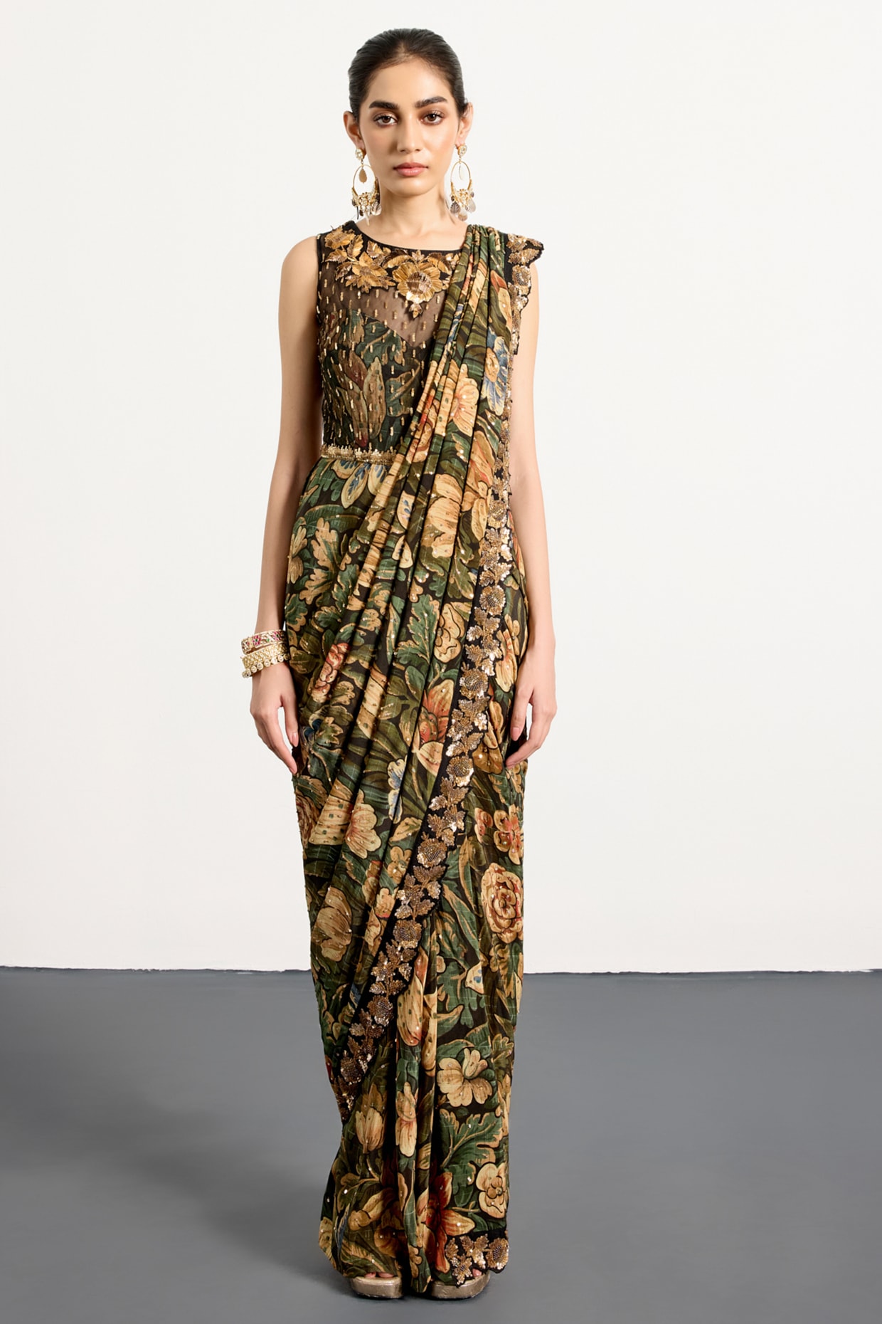 Ri Ritu Kumar Black & Khaki Silk Draped Saree Set