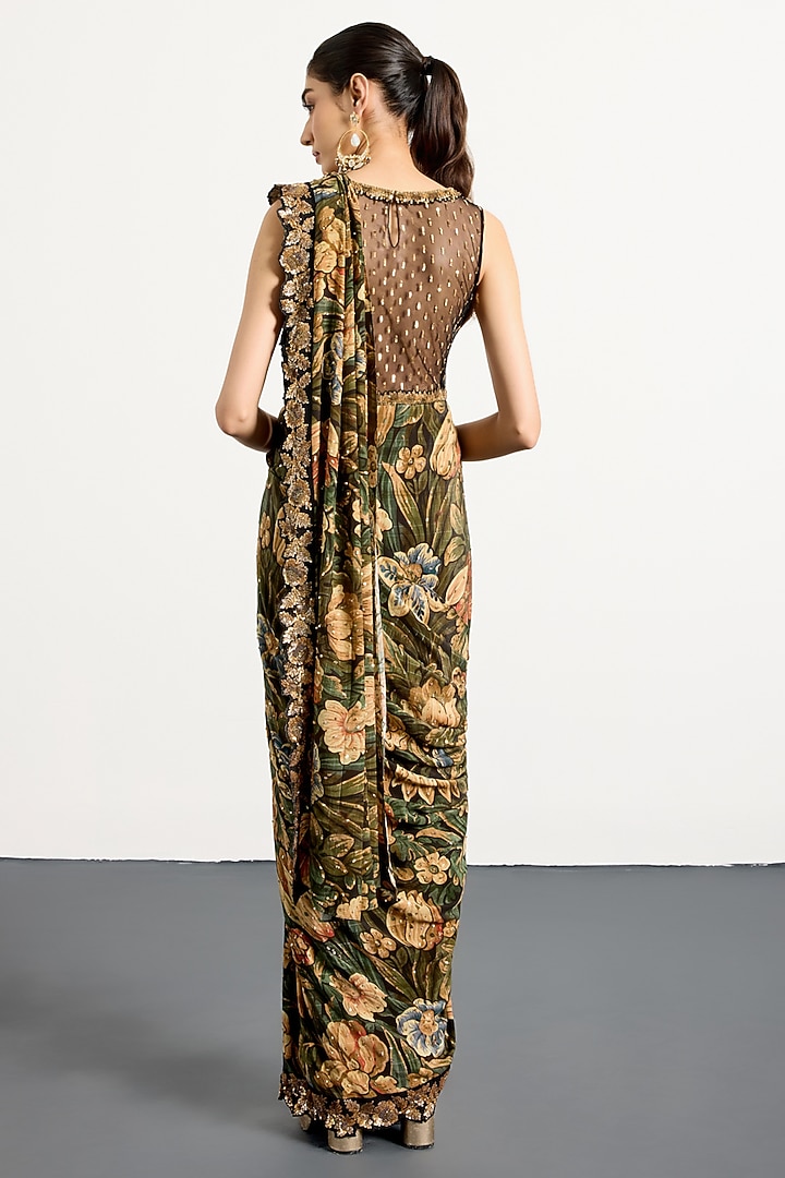 Black & Khaki Silk Draped Reception Saree Set by Ri Ritu Kumar at Pernia's Pop Up Shop