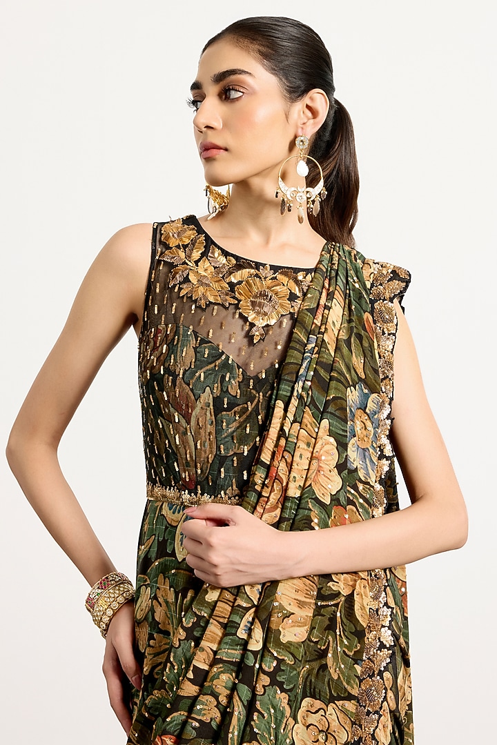 Black & Khaki Silk Draped Reception Saree Set by Ri Ritu Kumar at Pernia's Pop Up Shop