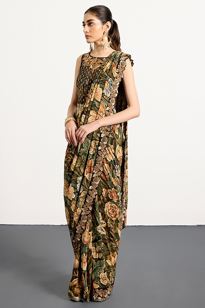 Black & Khaki Silk Draped Reception Saree Set by Ri Ritu Kumar at Pernia's Pop Up Shop