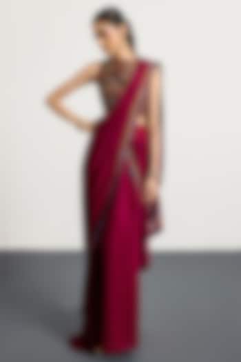 Prune-Colored Silk & Velvet Draped Wedding Saree Set by Ri Ritu Kumar at Pernia's Pop Up Shop