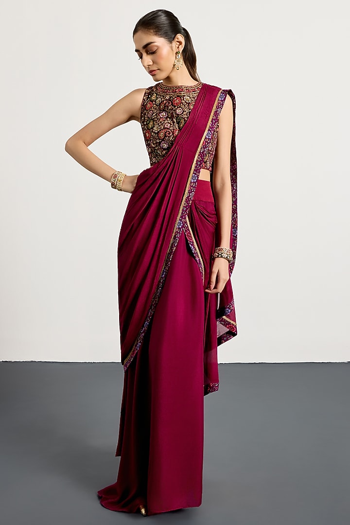 Prune-Colored Silk & Velvet Draped Wedding Saree Set by Ri Ritu Kumar at Pernia's Pop Up Shop