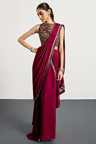 Prune-Colored Silk & Velvet Draped Saree Set by Ri Ritu Kumar